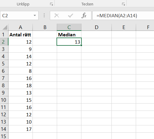 Bild på ett Excel-ark och medianen för en dataserie