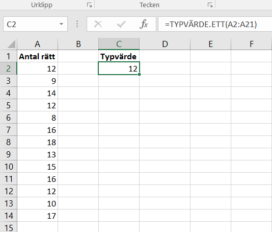 Bild på ett Excel-ark med formel för att räkna ut typvärde